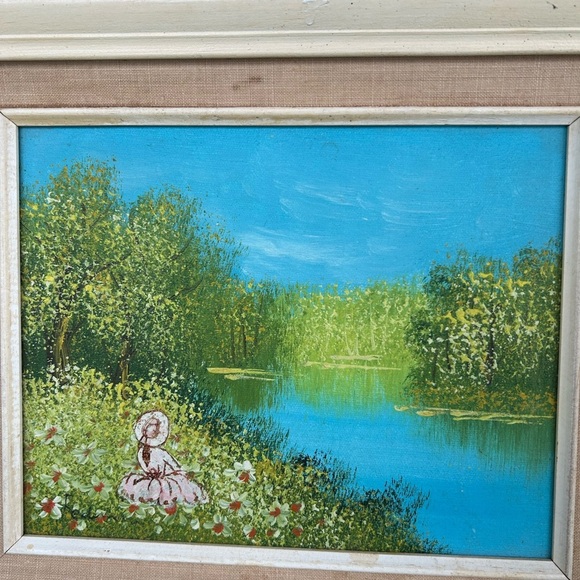 Vintage Landscape Impressionist Oil Painting of a Lady by a Lake. - Picture 3 of 10